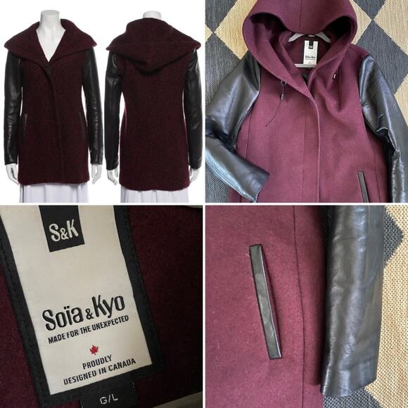 Soia & Kyo $499 Merlot Wool & Black Leather Hooded Womens Coat sz LG NWOT - Picture 1 of 16